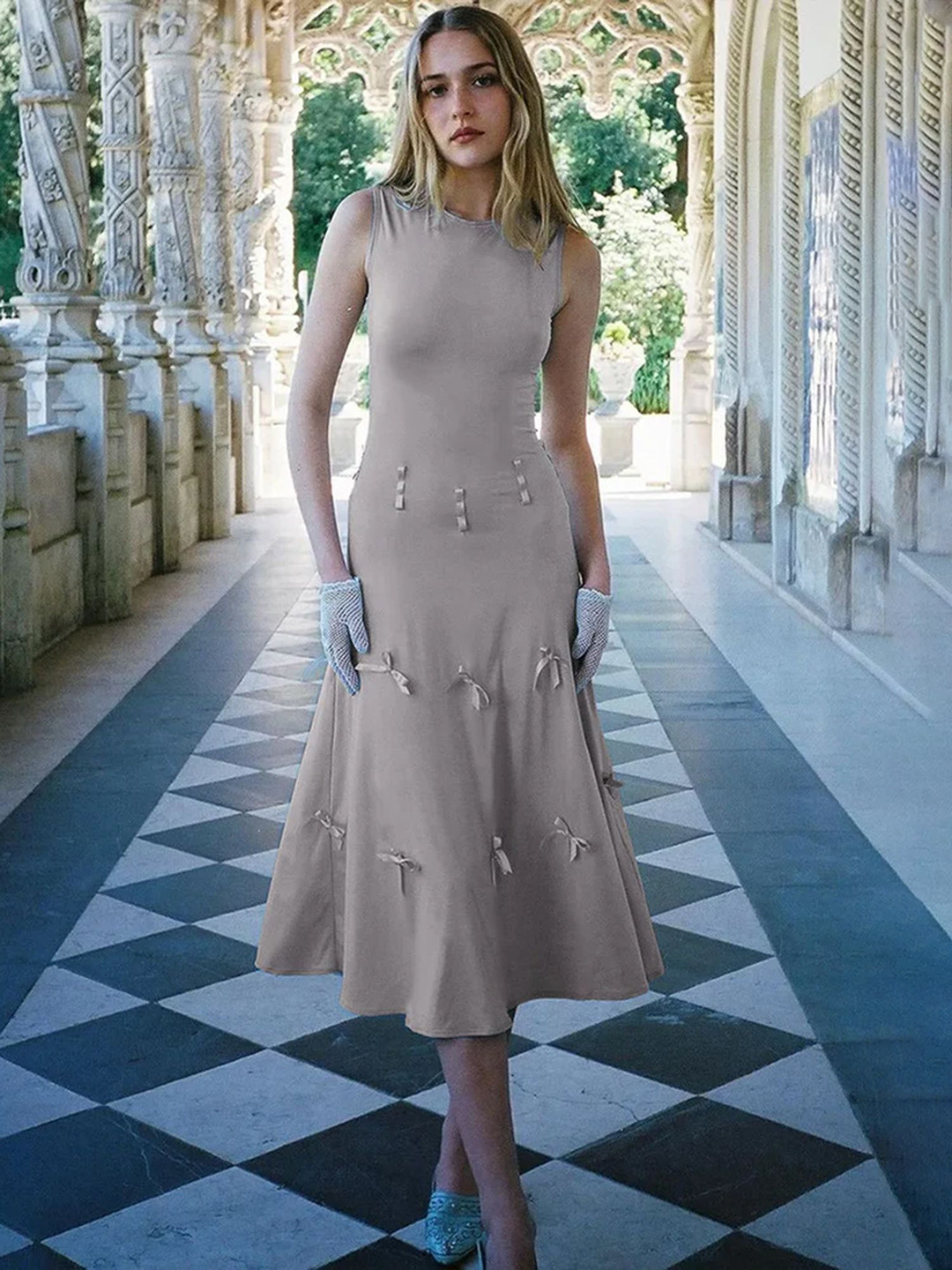 LULU & SKY Fit & Flare Maxi Grey Convertible-front Bowknot Dress