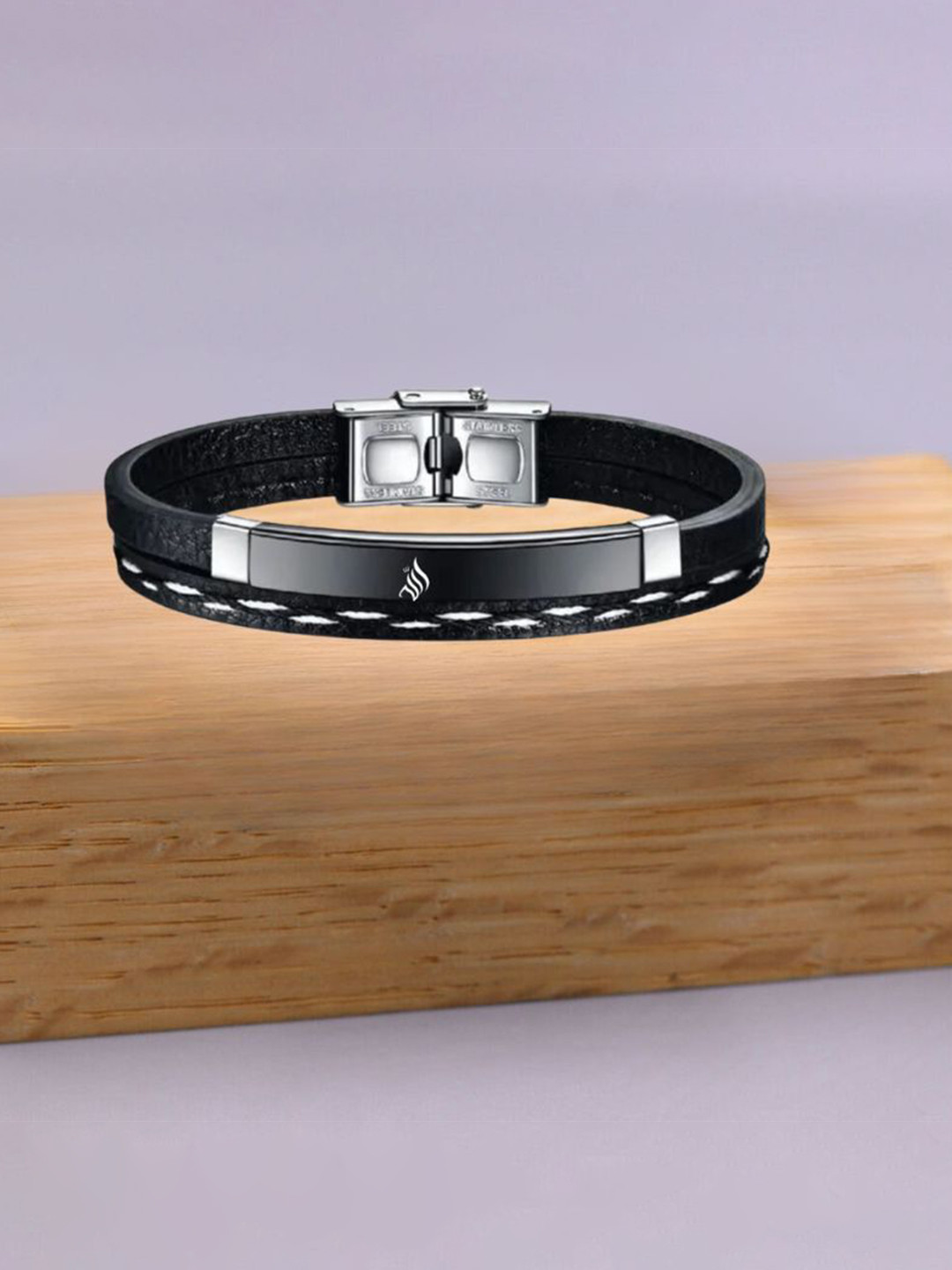 M Men Style Stainless SteelTamil Om Leather Wraparound Bracelet