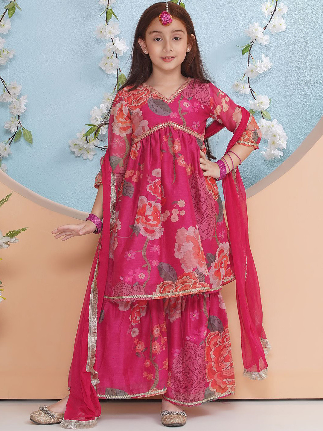 Little Zing Girls Solid Printed Kurta with Palazzo & Dupatta