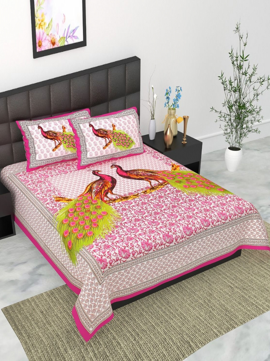 UNIBLISS Pink Animal Cotton 144 TC Queen Bedsheet with 2 Pillow Covers-215 x 235 cm