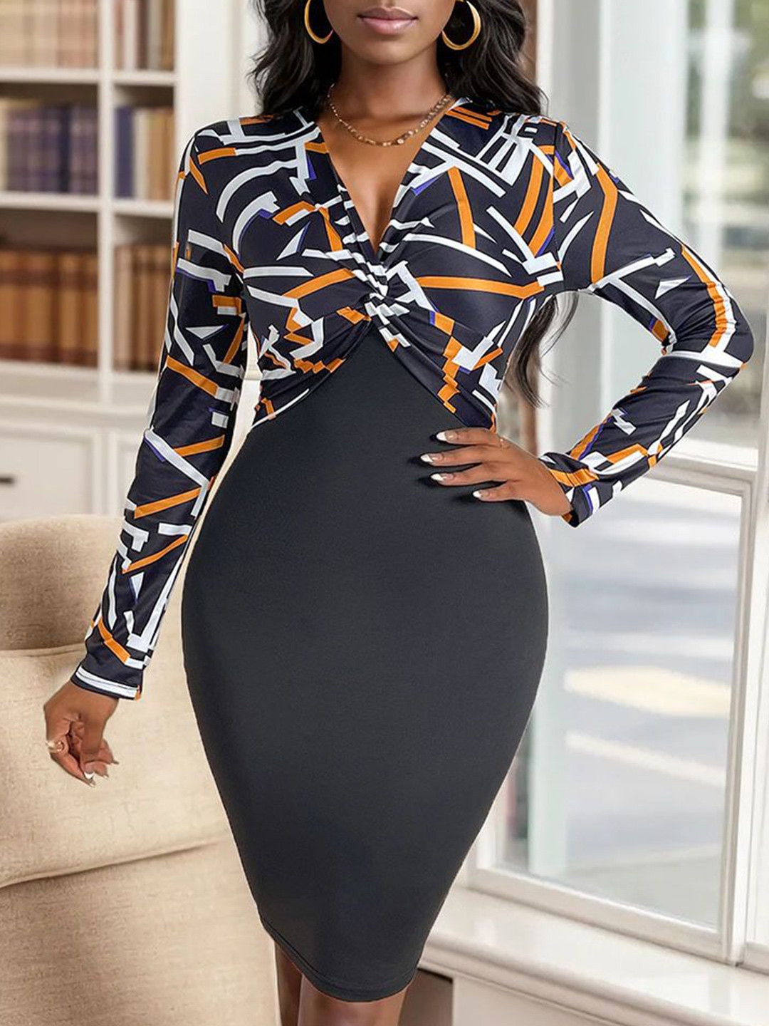 Abstract Print Knee Length Bodycon Dress