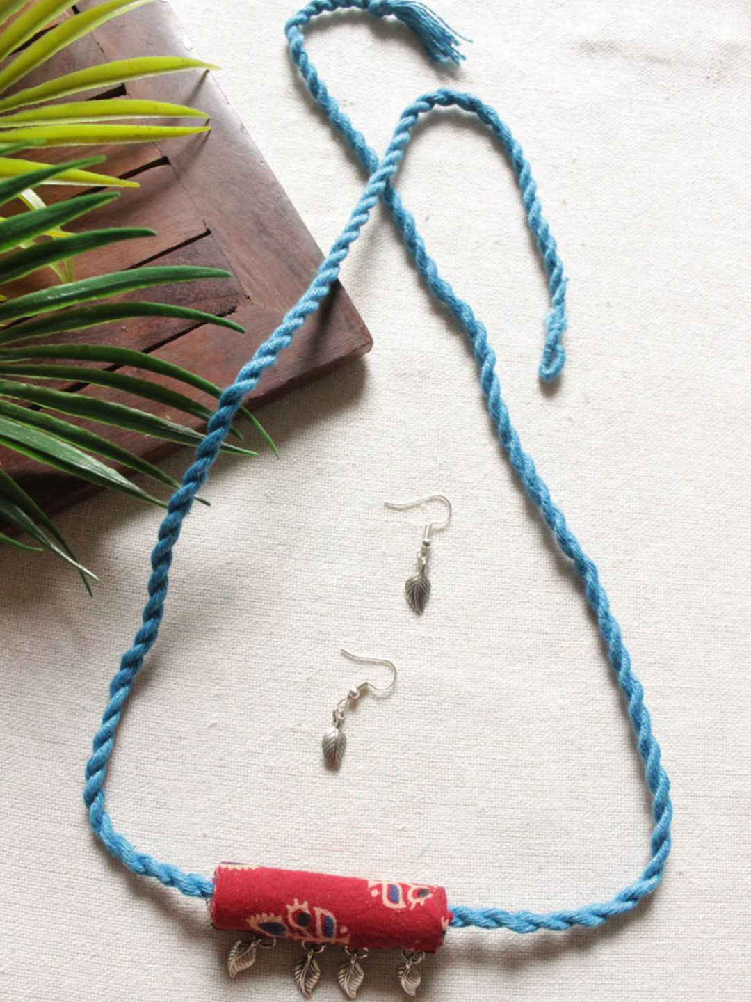 A Local Tribe Embellished With Leaf Metal Charms Kalamkari Fabric Necklace Set