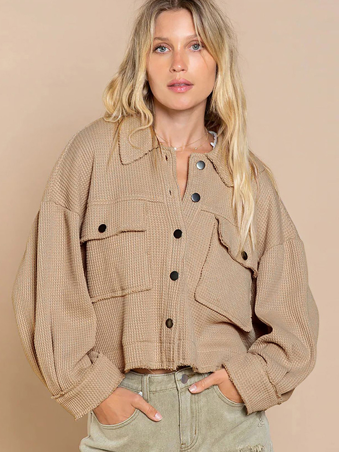 Khaki Solid Casual Crop Jacket with Spread Collar