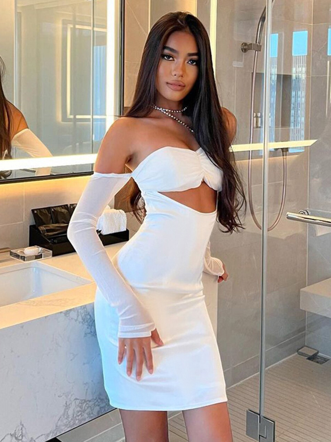 StyleCast White Strapless Cut Out Detailed Sheath Mini Dress