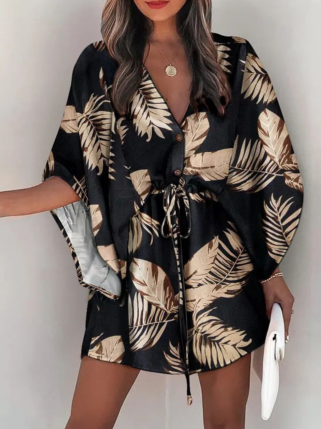 StyleCast Printed Kimono Sleeve Kaftan Mini Dress