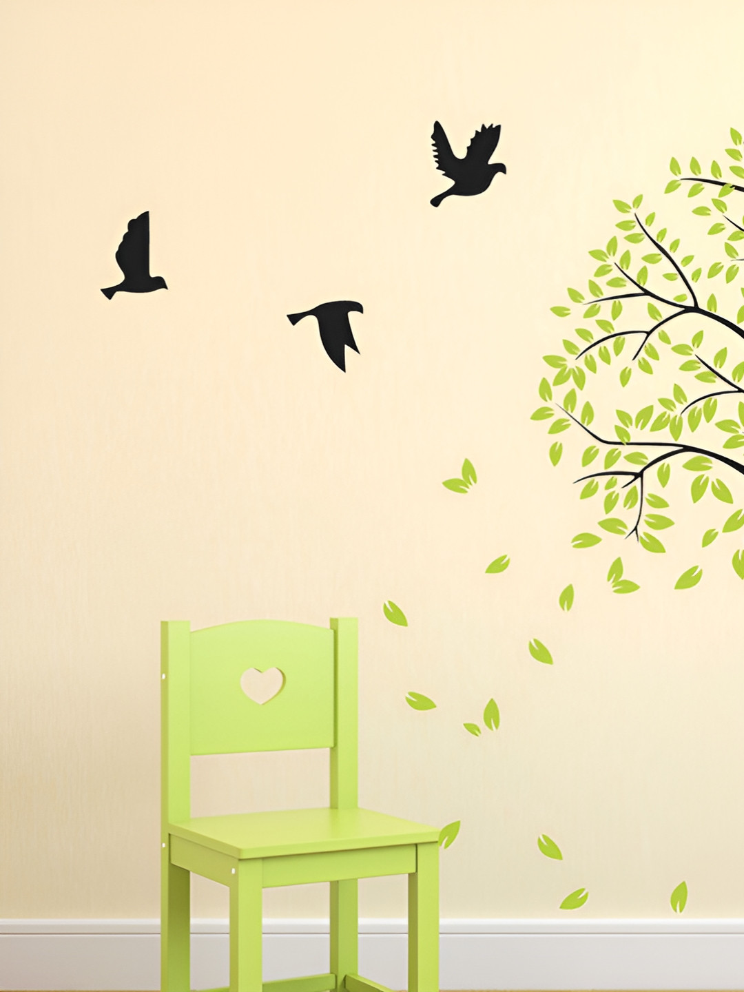 LANSTICK Green & Black Tree with Birds Printed Self Adhesive Wall Sticker