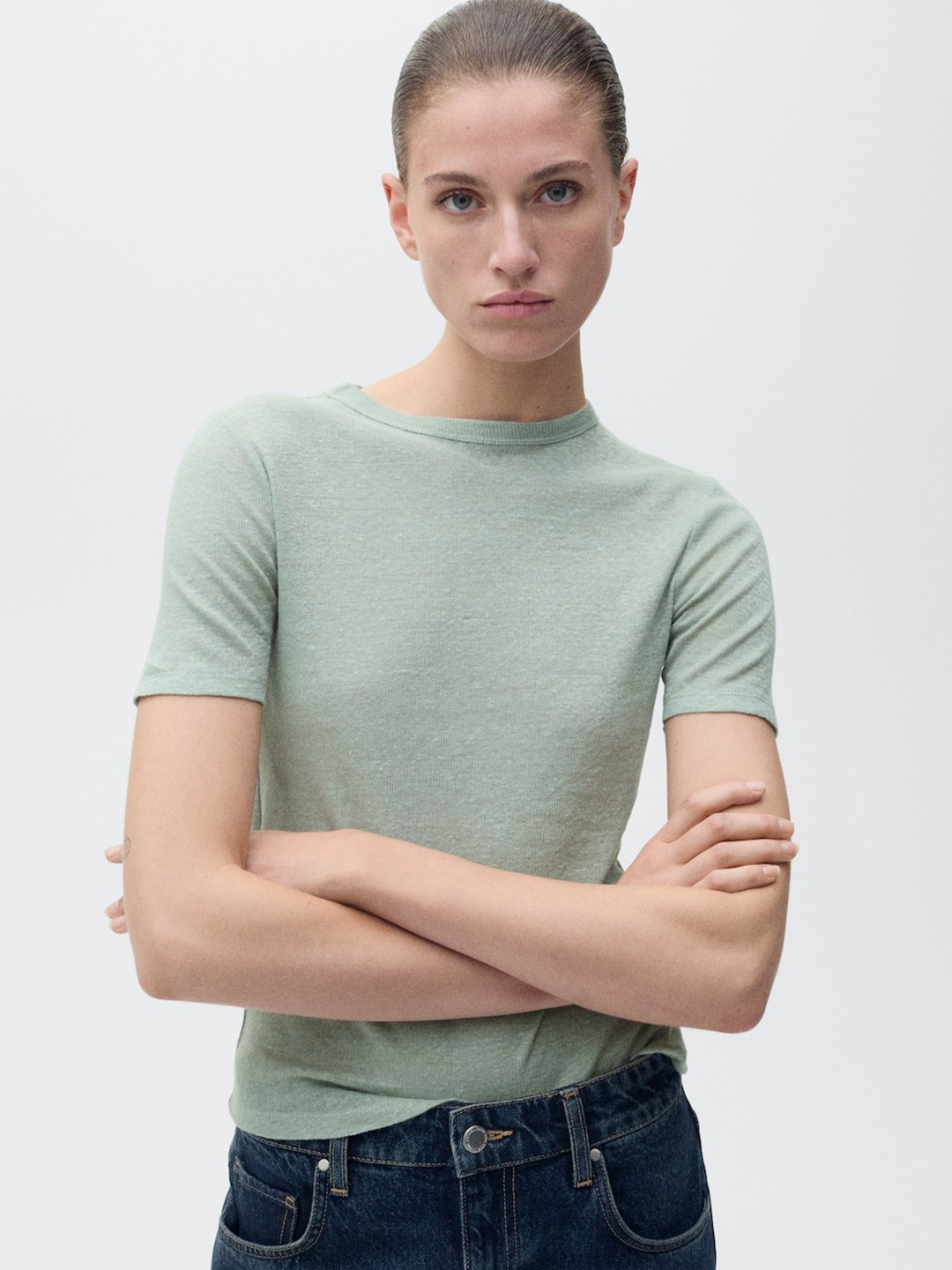 MANGO Women Pure Linen Knitted T-shirt