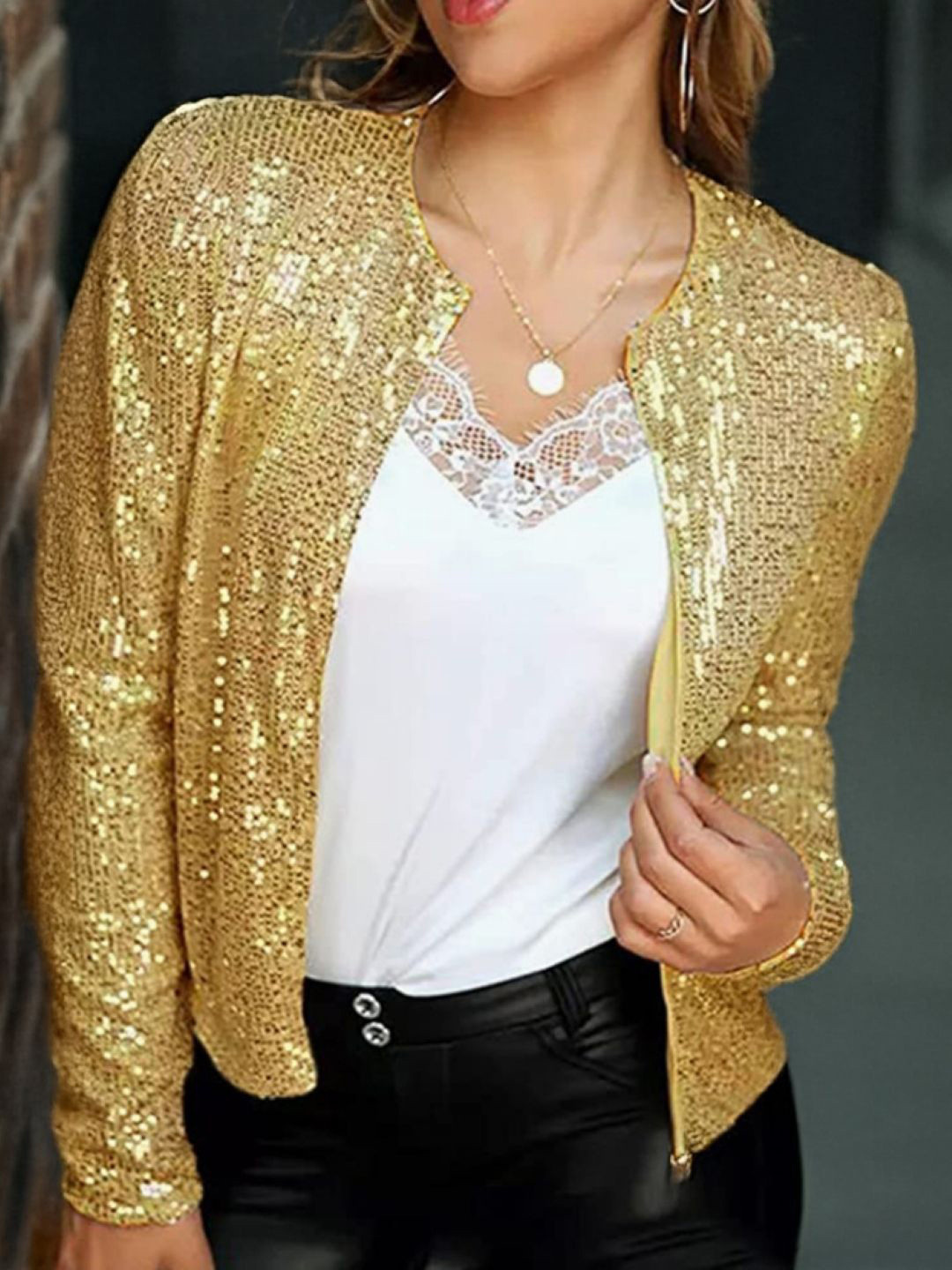 Gold Solid Open Front Jacket with Long Sleeves