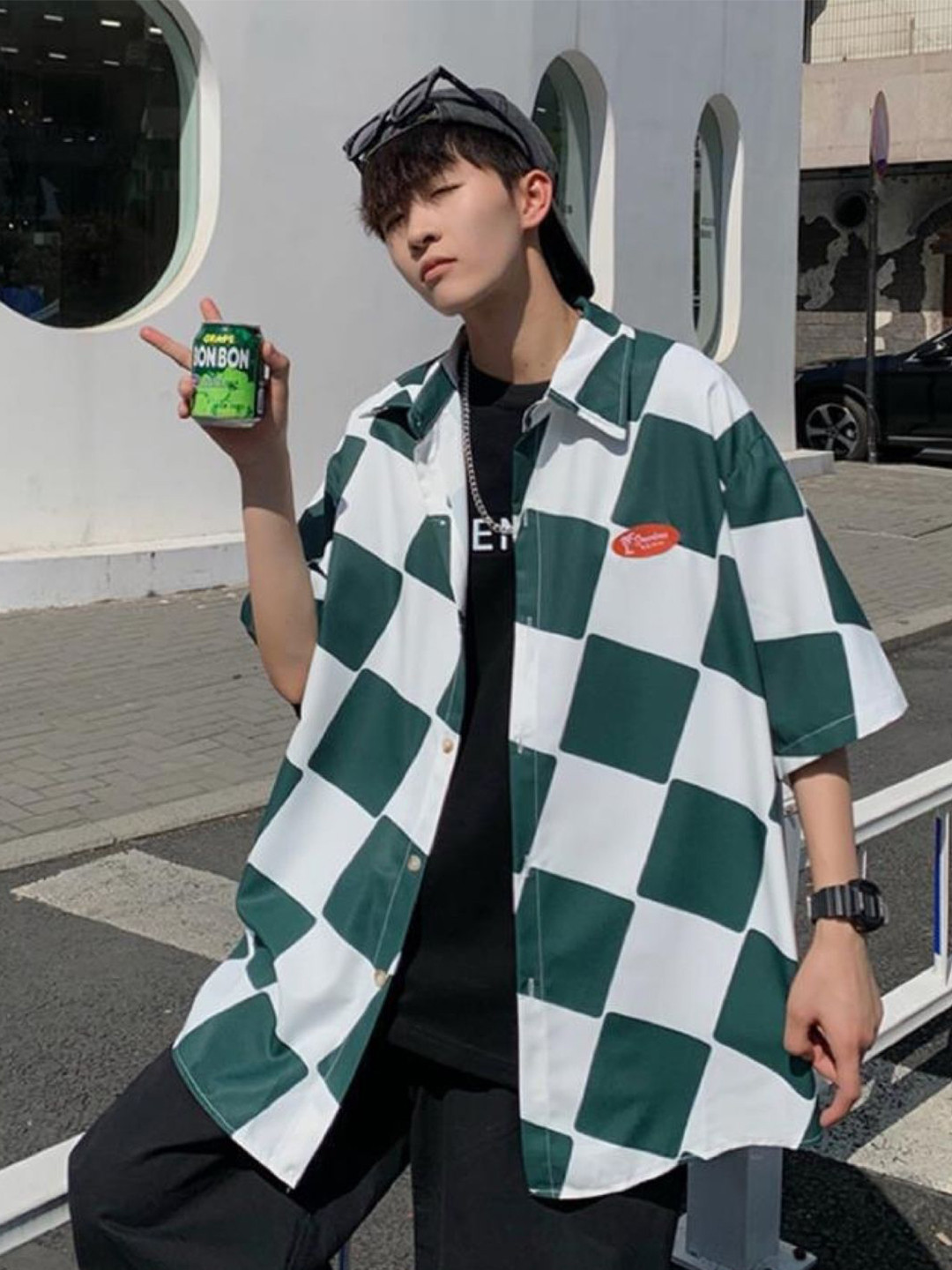 KPOP Men Oversized Geometric Checked Casual Shirt