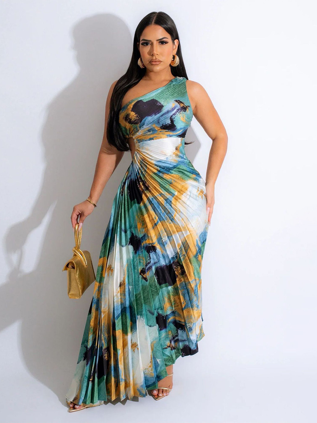LULU & SKY Printed One Shoulder Pleated Maxi Dress