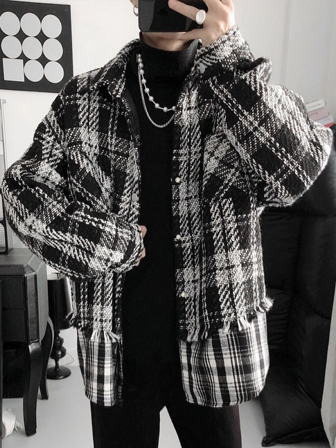 KPOP Men Oversized Tartan Checks Casual Shirt