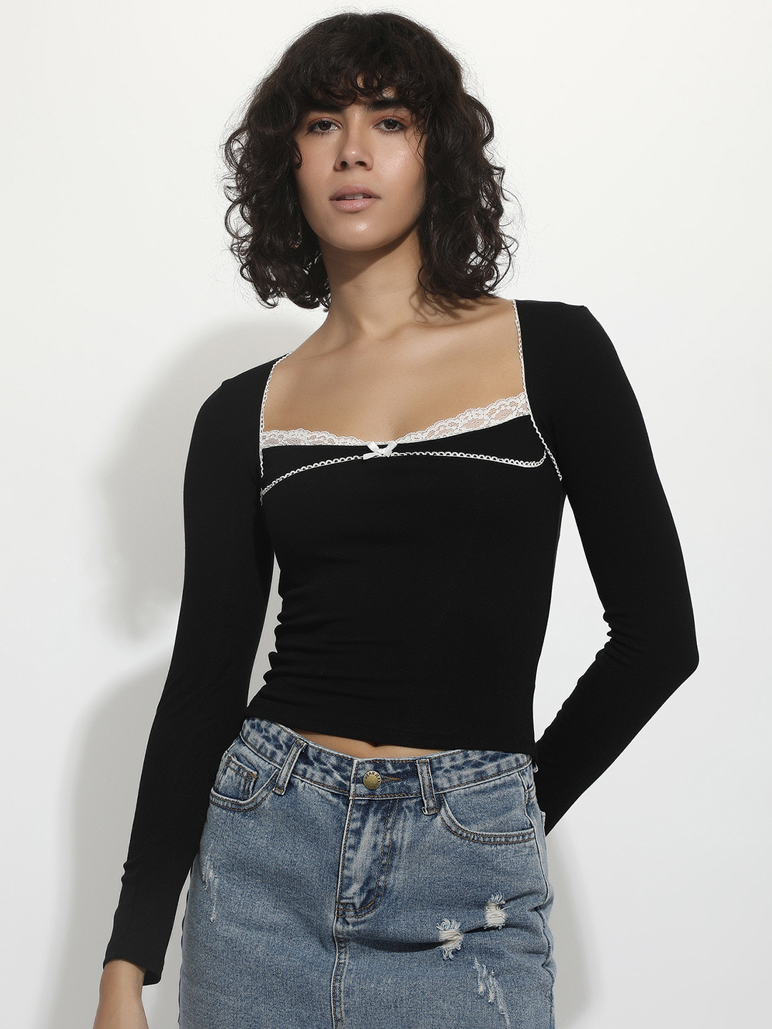 LULU & SKY Square Neck Lace Inserts Fitted Crop Top