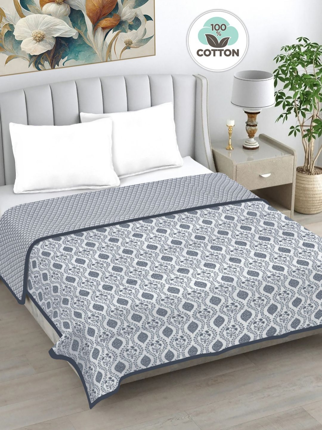 FABINALIV Grey Floral Printed AC Room 230 GSM Pure Cotton Reversible Double Bed Dohar