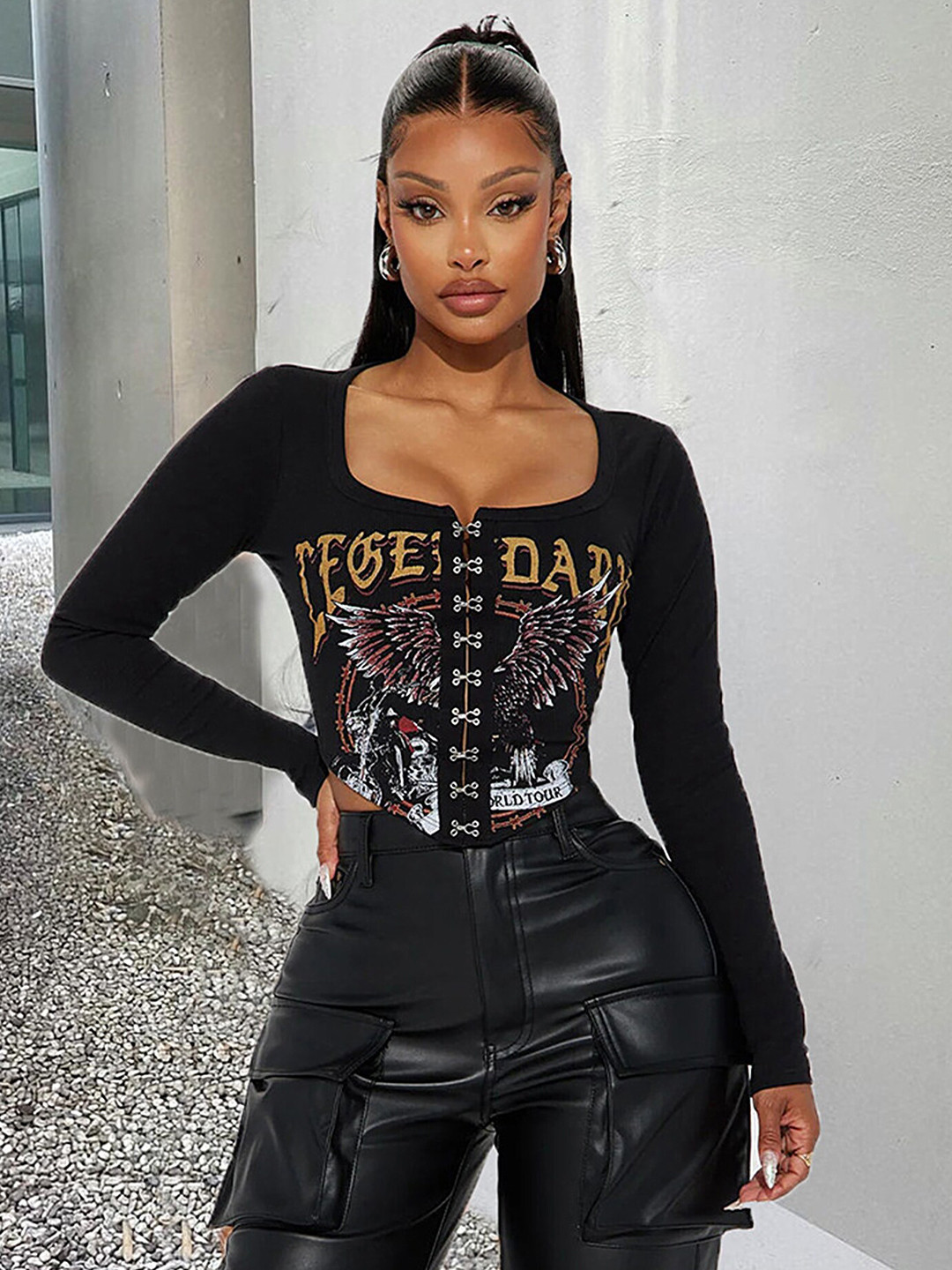 LULU & SKY Graphic Printed Hook & Eye Fitted Crop Top