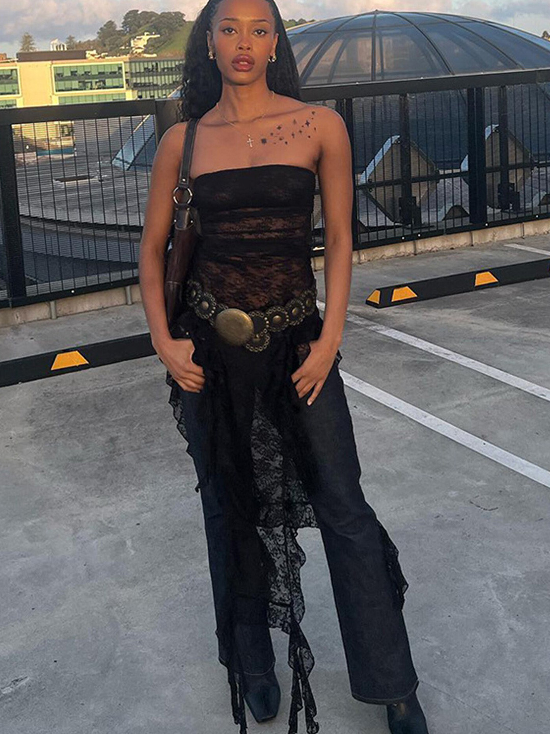 LULU & SKY Strapless Sheath Sheer Bandeau Lacy Midi Dress