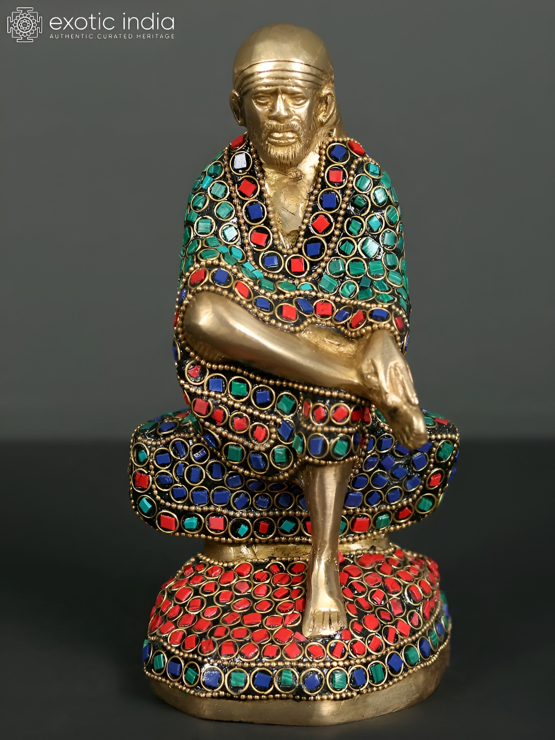 Exotic India Sai Baba Green Brass Metallic Prayer Room Medium Showpiece - 9 Inches