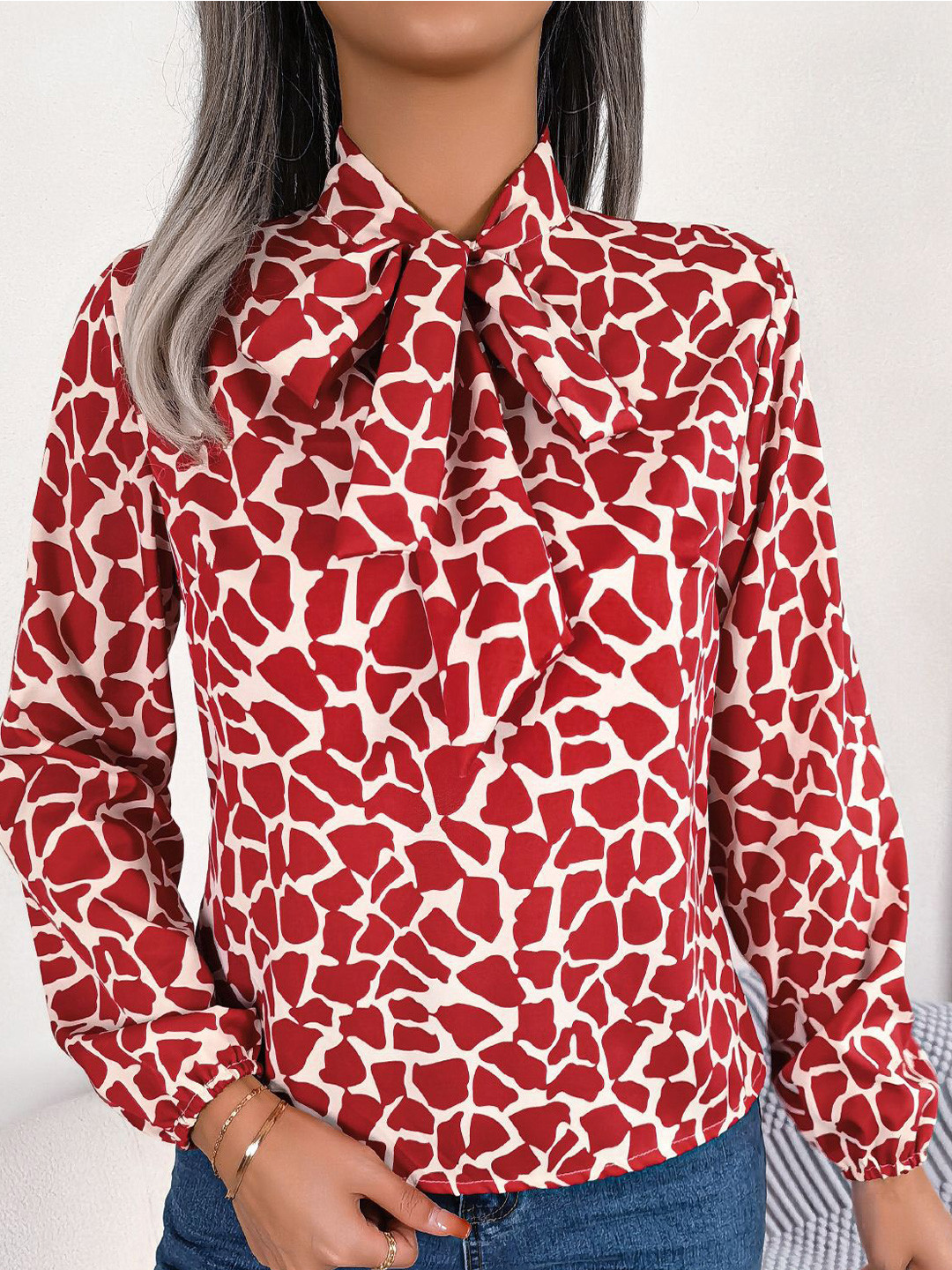 StyleCast Brown & White Abstract Printed Tie-Up Neck Shirt Style Top