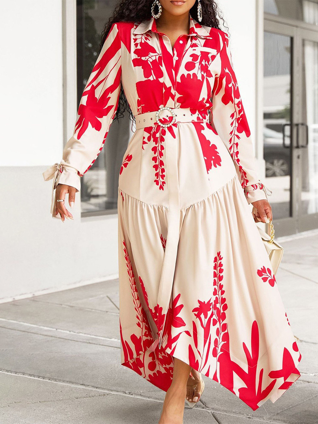 LULU & SKY Floral Printed Long Sleeves Belted Shirt Maxi Dress