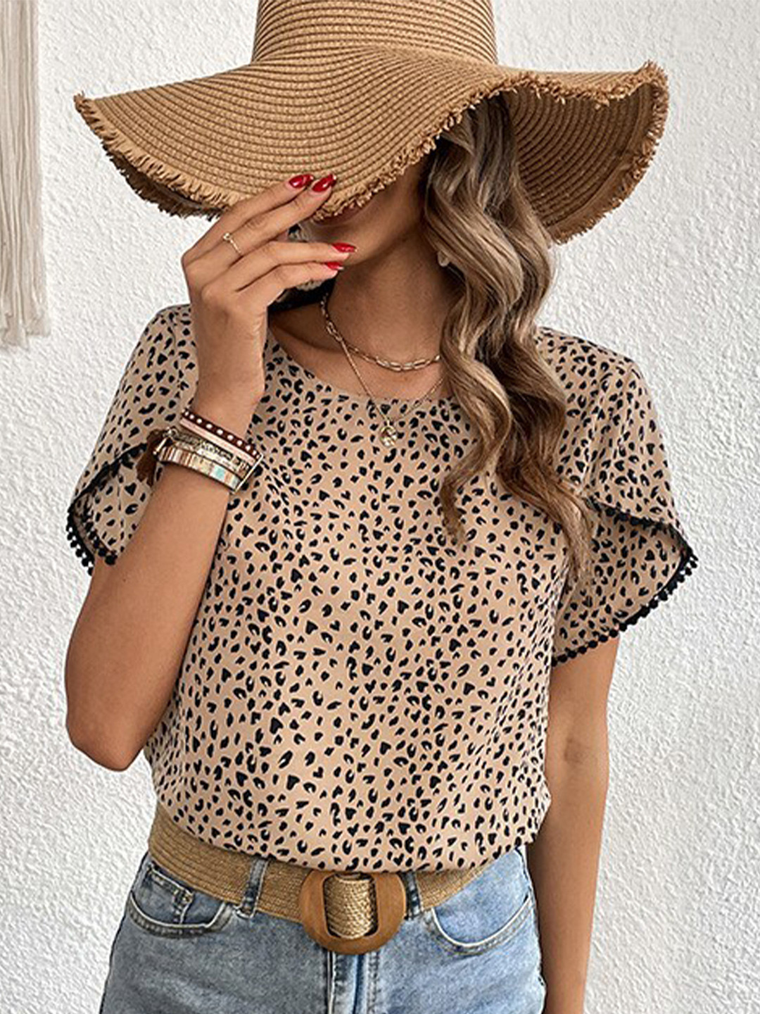 StyleCast Brown Animal Printed Tulip Sleeves Top