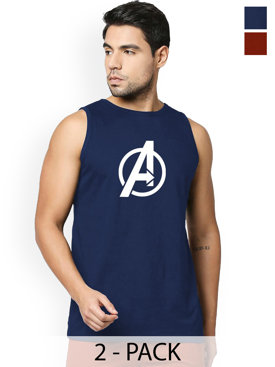 Organic Chics Pack Of 2 Printed Cotton Tanks Navy Avenger-MaroonPanther _S