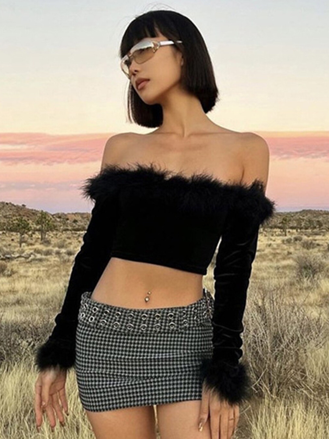 LULU & SKY Off Shoulder Long Sleeve Faux Fur Trim Crop Fitted Top