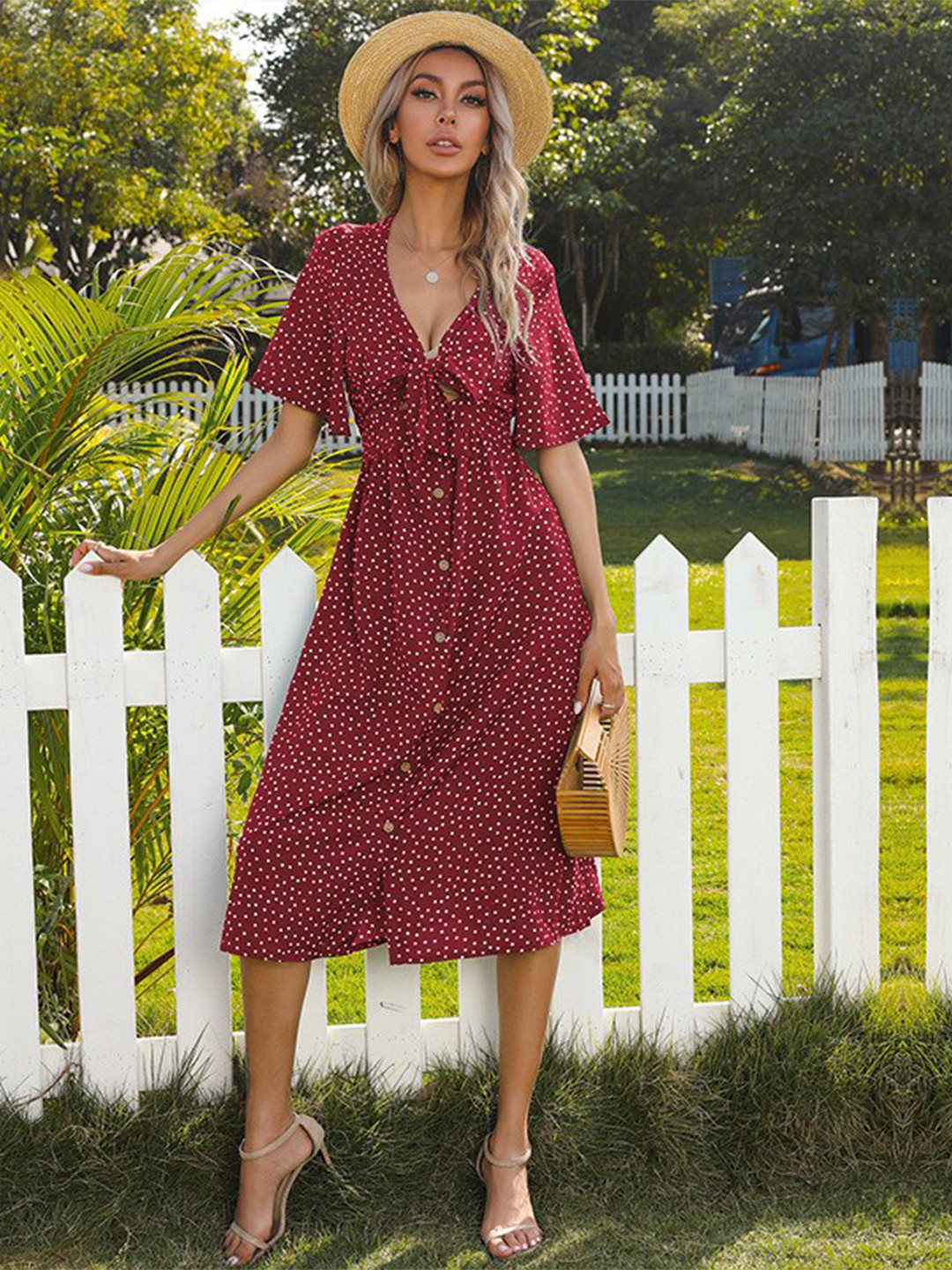 StyleCast Red Polka Dot Midi Dress with Flared Sleeves