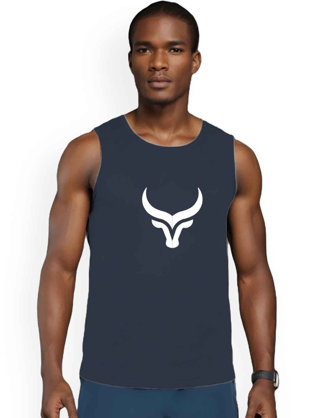 BLUEFICUS Printed Cotton Gym Vest 606_Gym_Vest_Navy_Blue_M