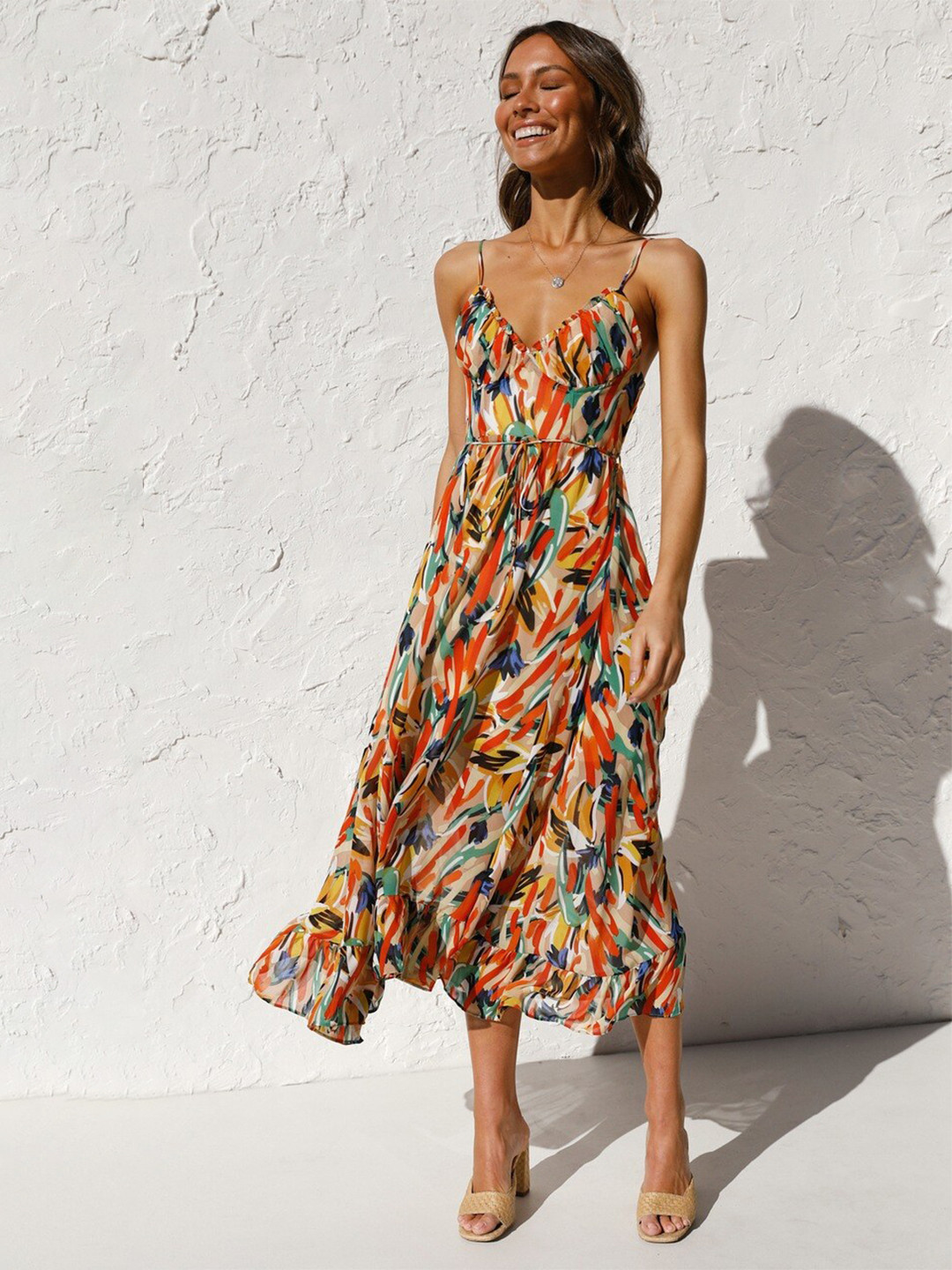 StyleCast Orange & Green Astract Printed A-Line Midi Dress