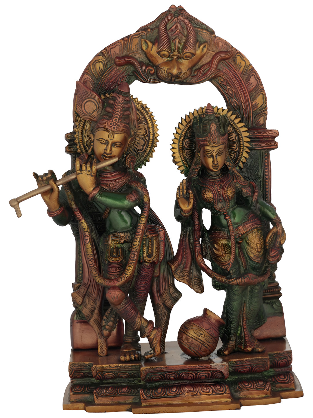 Exotic India Radha Krishna with Milk Pot Green Brass Metallic Prayer Room Hand Made Medium Showpiece - 14.3 Inches