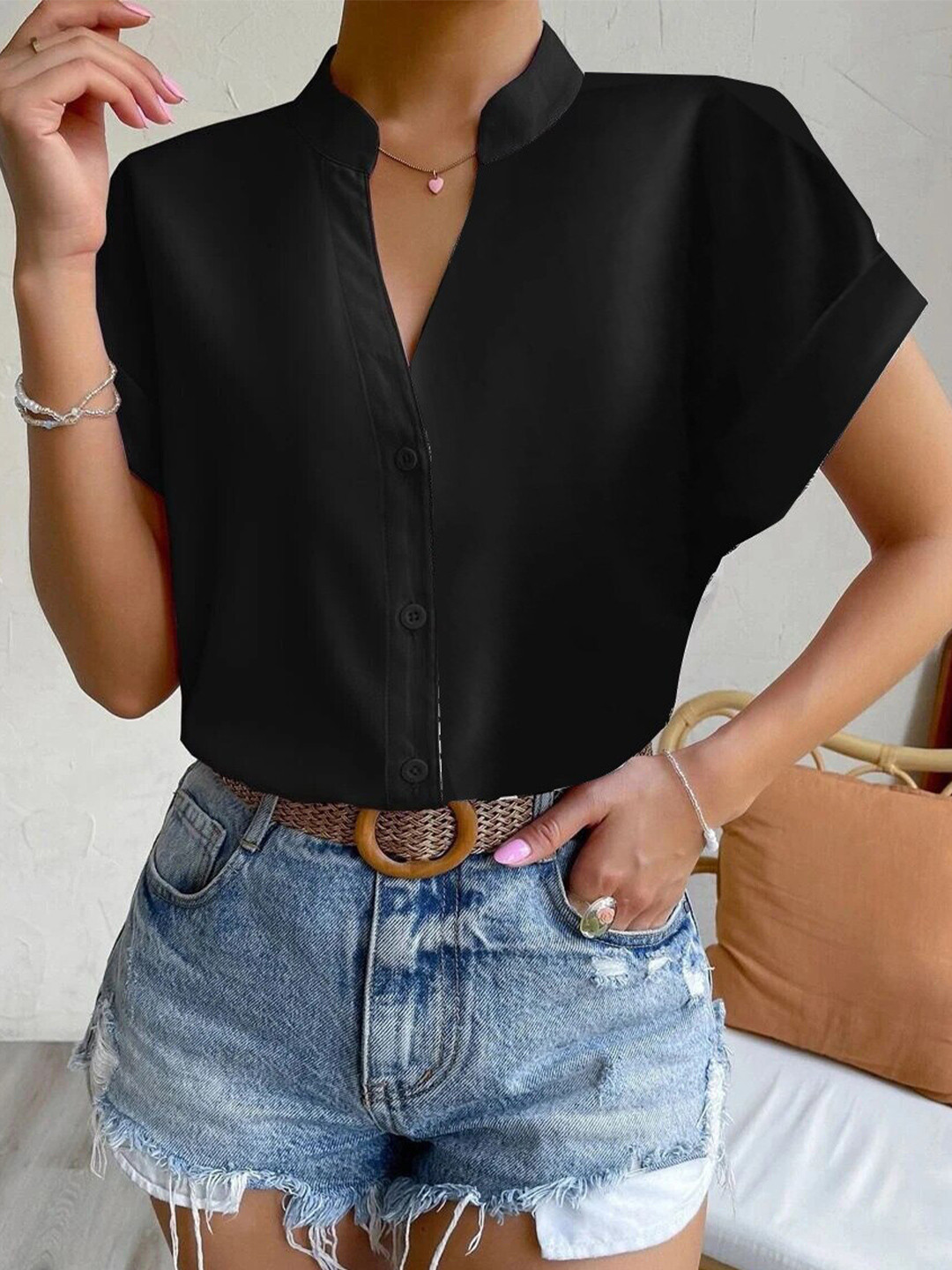 StyleCast Black Casual High Neck Short Sleeves Top