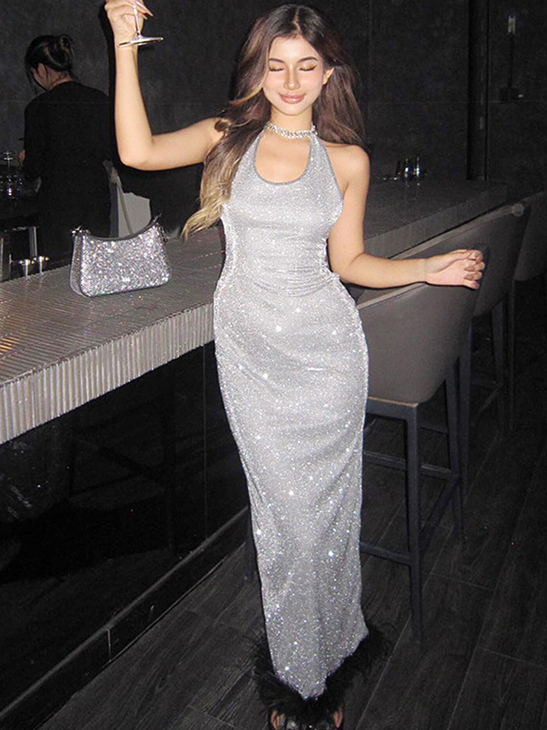 LULU & SKY Silver Embellished Maxi Party Dress