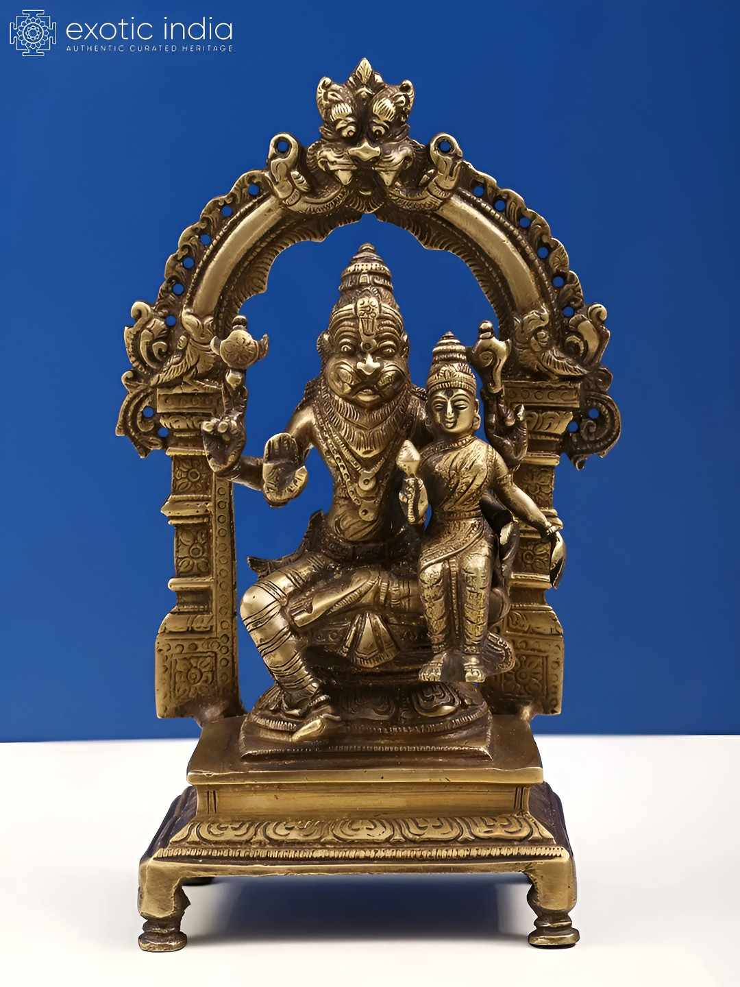 Exotic India Lord Narasimha with Goddess Lakshmi God Gold Brass Metallic Prayer Room Medium Showpiece - 8.7 Inches