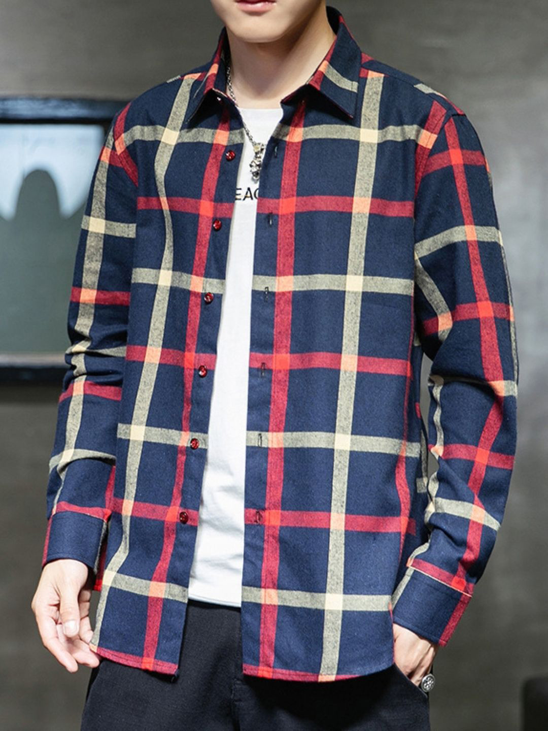 KPOP Men Red Tartan Checks Casual Shirt