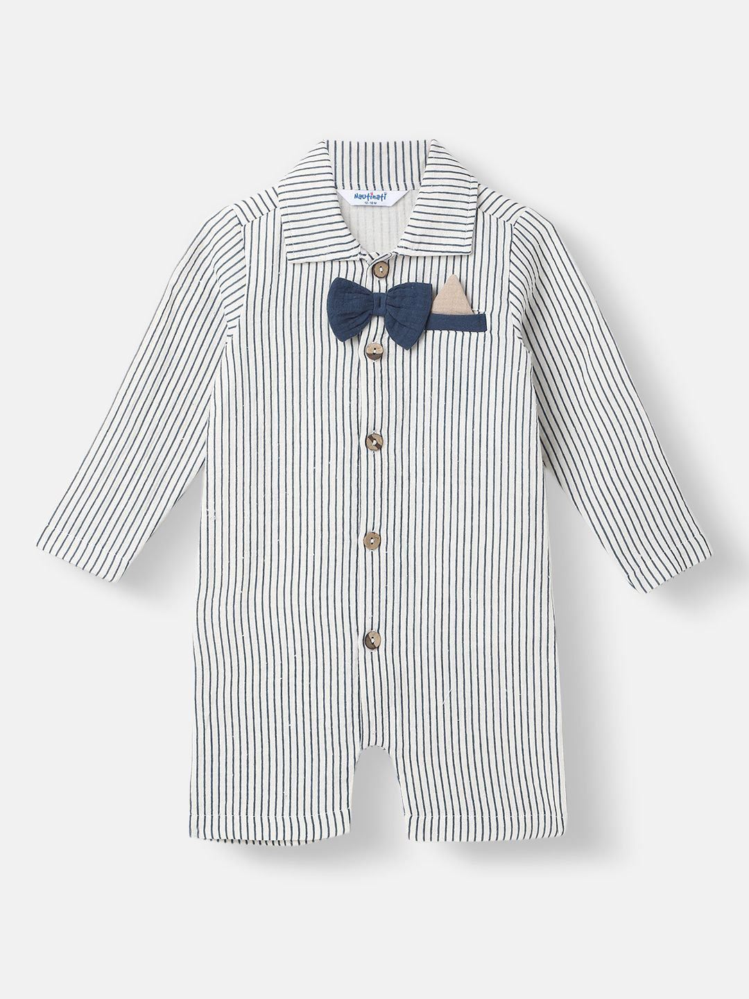 Nauti Nati Boys Striped Romper Bow At Placket Collar Neck Romper For 0-2 Years