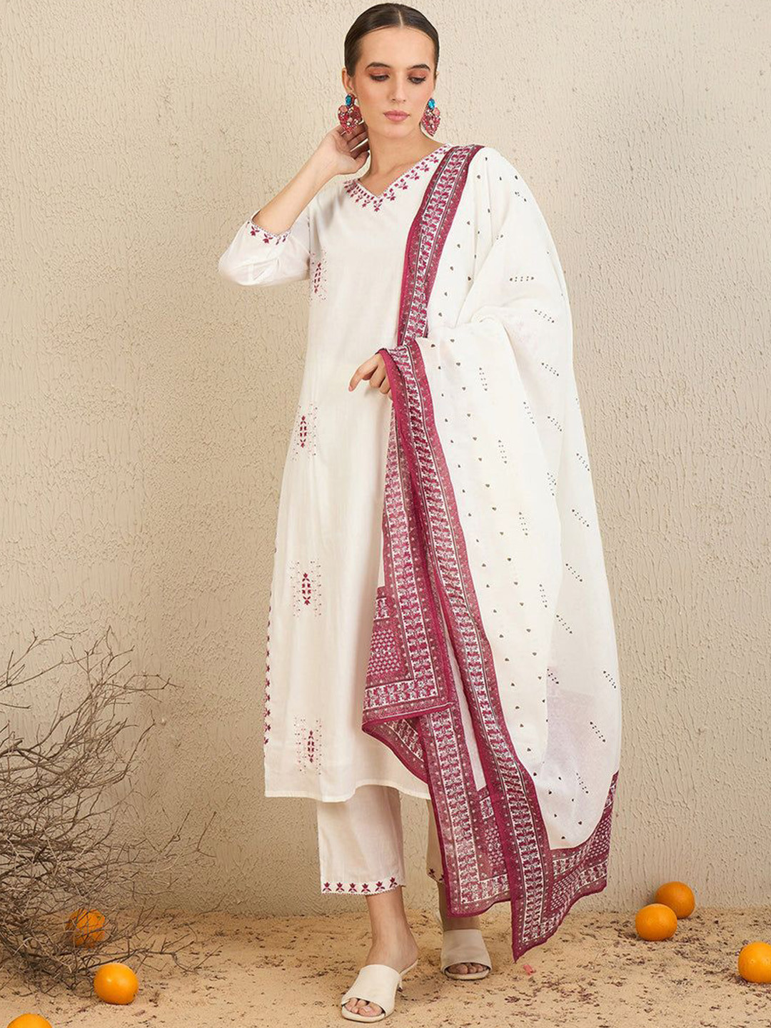 V.S.Creation Women Embroidered Regular Pure Cotton Kurta with Trousers & With Dupatta