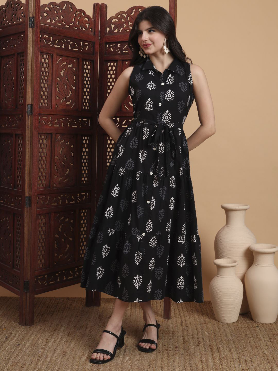 KALINI Women Ethnic Motifs Printed Tie-Ups Fit And Flare Midi Dress with Belt