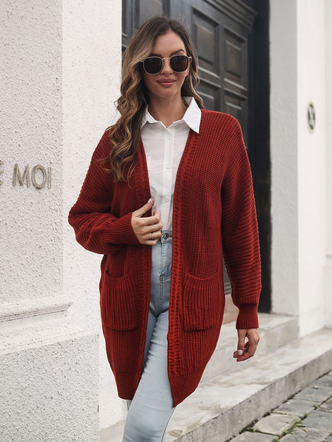 StyleCast Women Maroon Solid Long Sleeves Longline Sweater