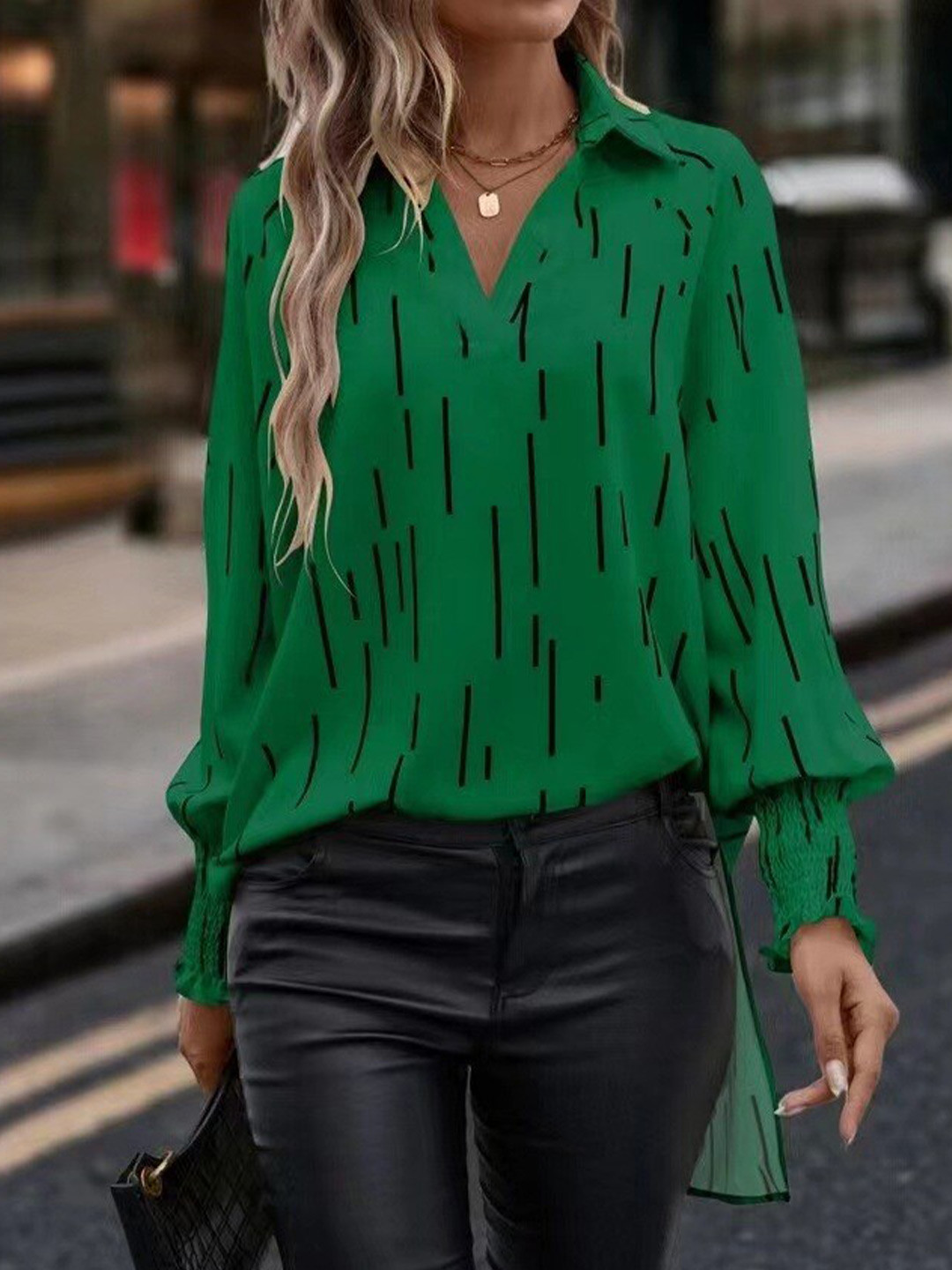StyleCast Green Geometric Print Puff Sleeve Shirt Style Top
