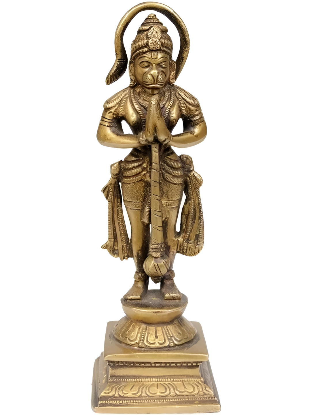 Exotic India Standing Lord Hanuman Gold Brass Metallic Prayer Room Hand Made Medium Showpiece - 7 Inches
