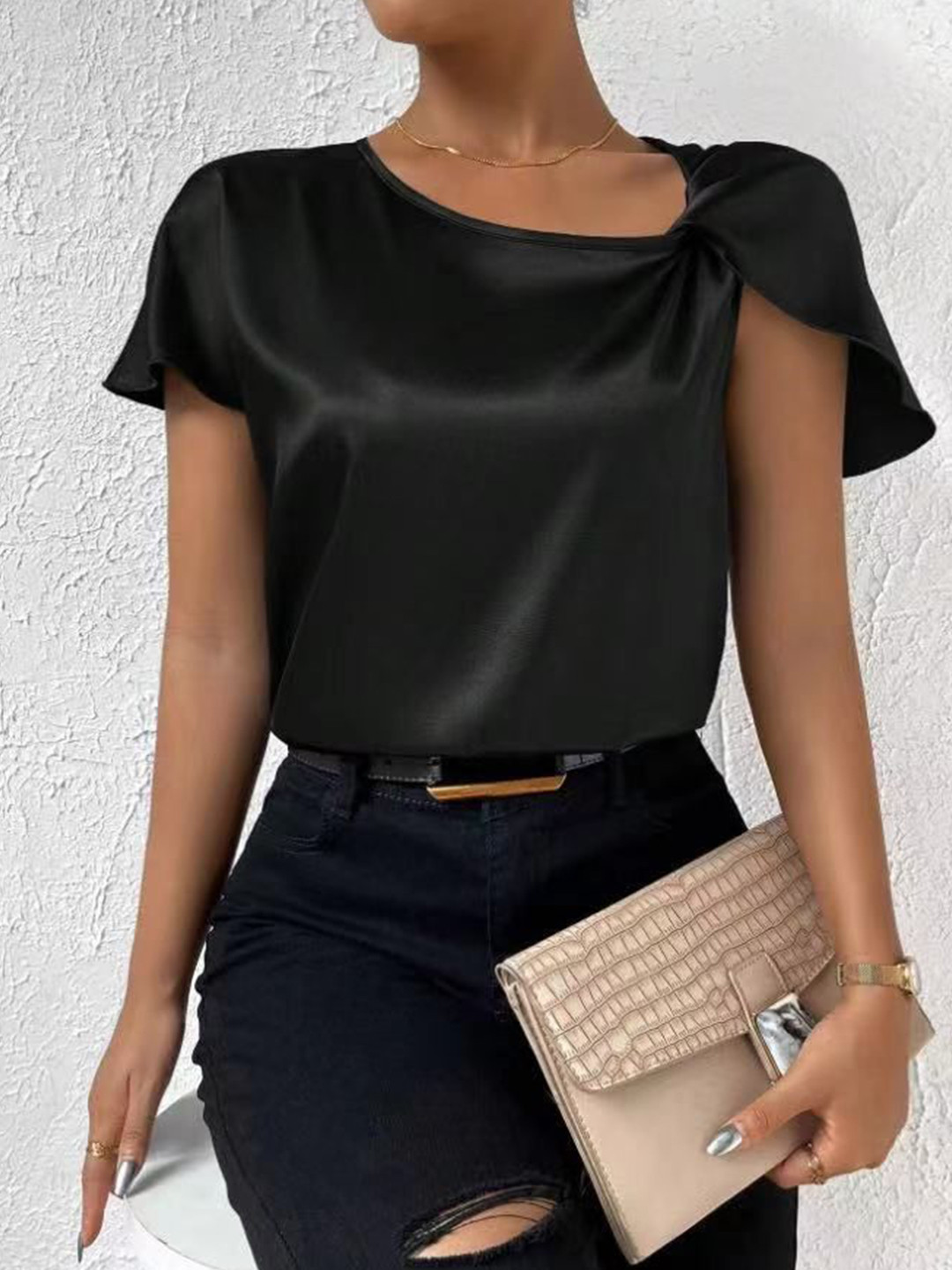 StyleCast Solid Satin Short Sleeves Top