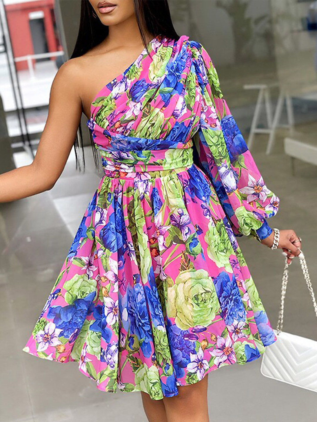 StyleCast x Revolte Blue & Pink Floral Printed One Shoulder Fit & Flare Dress