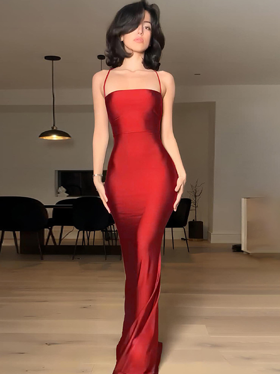 LULU & SKY Women Tie-up Back Fishtail  Bodycon Maxi Dress