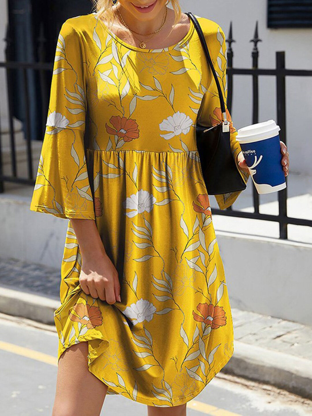 StyleCast Yellow Floral Printed Bell Sleeves Fit & Flare Dress