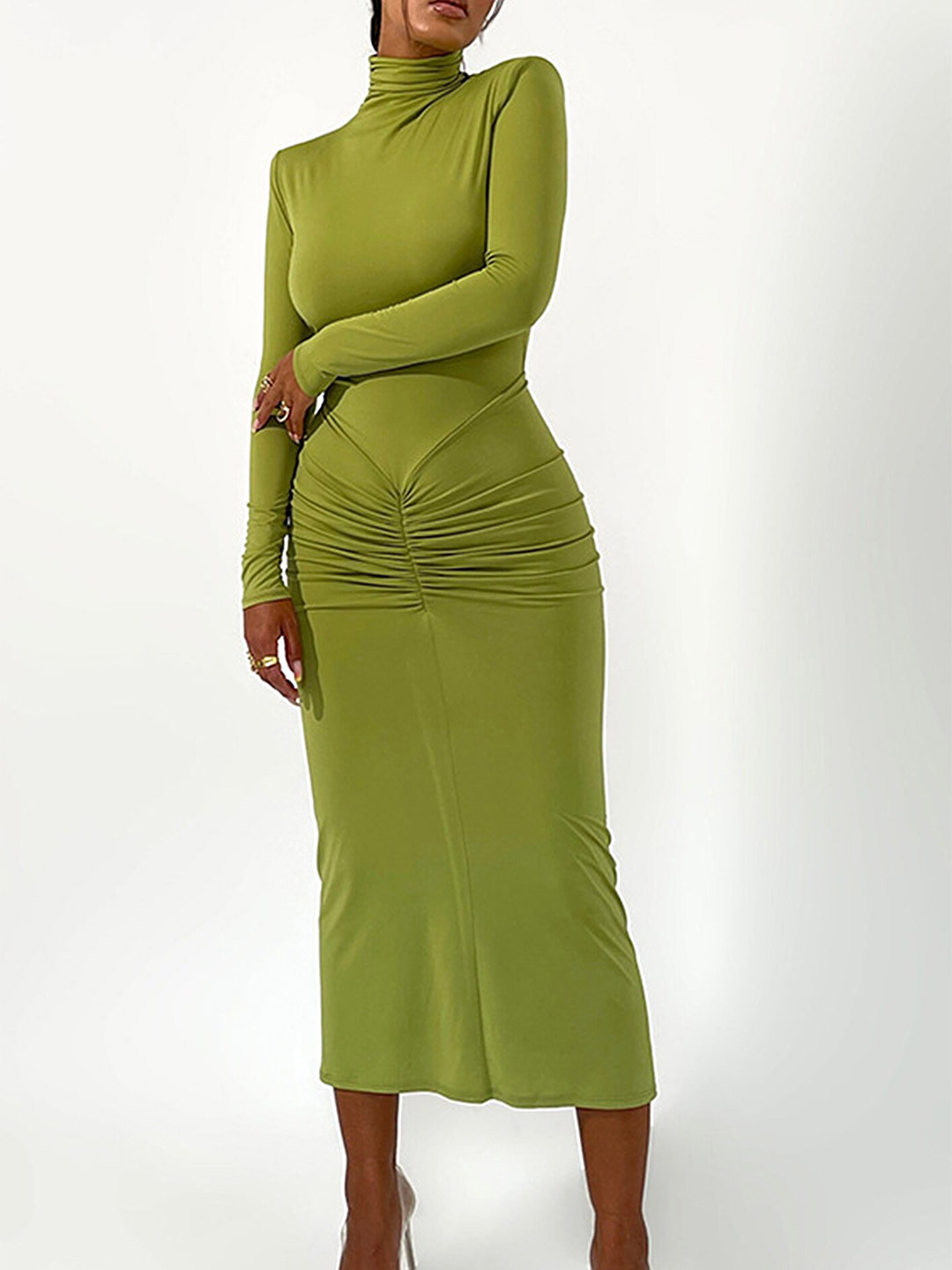 LULU & SKY High Neck Long Sleeves Ruched Bodycon Dress