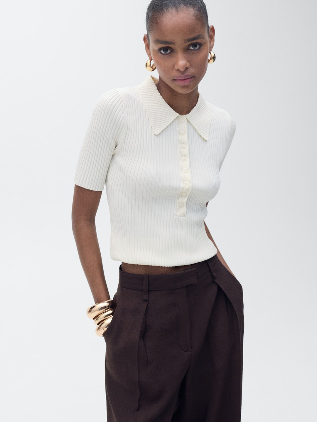 MANGO Ribbed Polo Neck Fitted Top