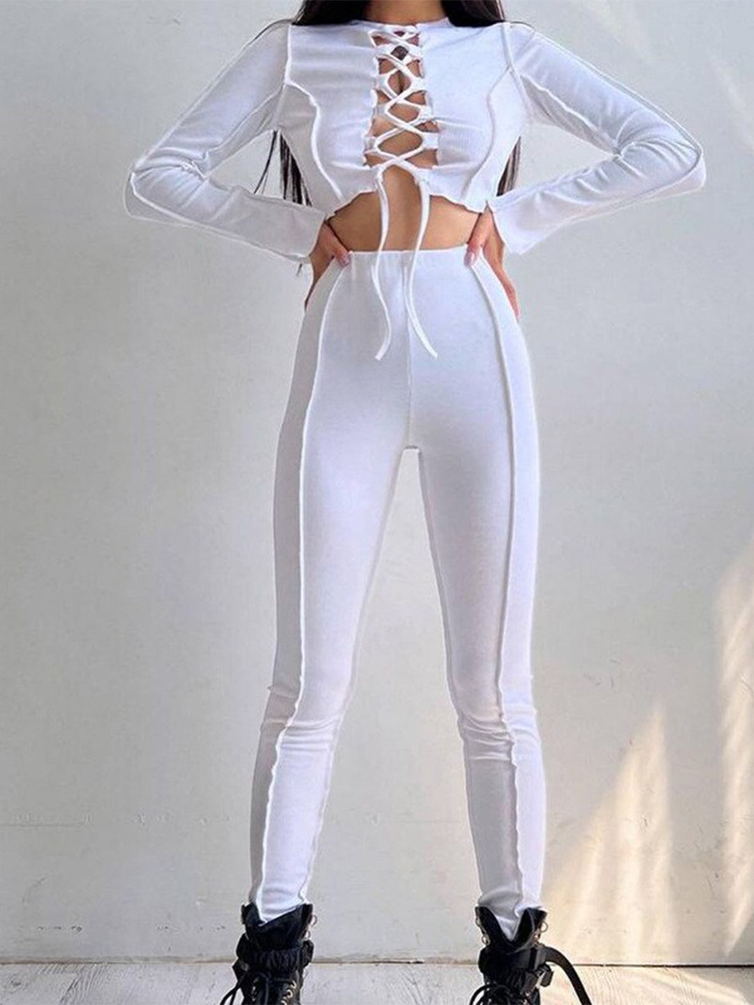 StyleCast x Revolte White Criss-Cross Crop Top and Trousers Co-ords