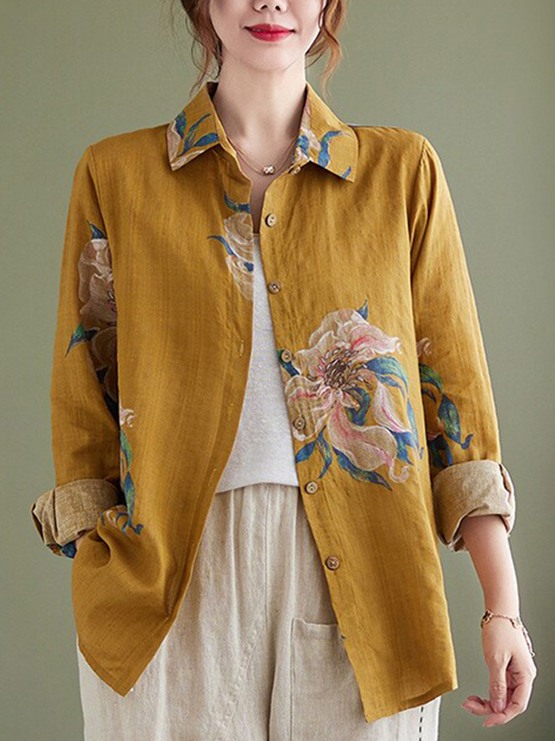 StyleCast Yellow & Pink Floral Printed Spread Collar Cotton Shirt