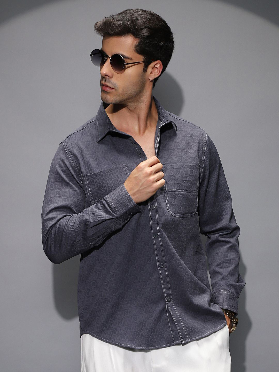 Campus Sutra Textured Comfort Obliqa-Utility Shirt