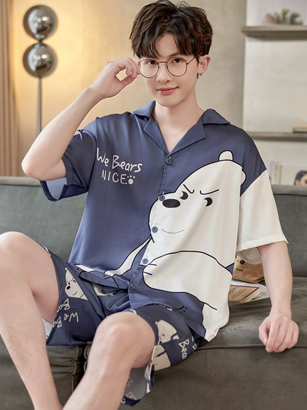 StyleCast Grey & White Graphic Printed Short Sleeve Shirt With Shorts Night Suit