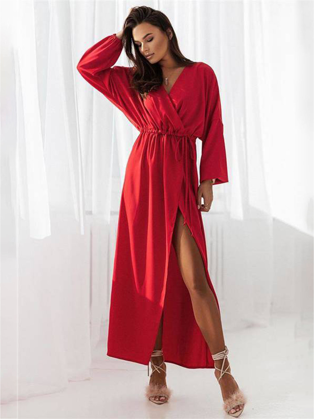 StyleCast Red Long Sleeves Slit Tie Up Maxi Dress